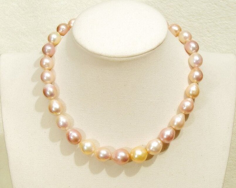 大粒14mm有核淡水パールのネックレス（40cm、SV925製クラスプ、ロジウムメッキ、ピンク）