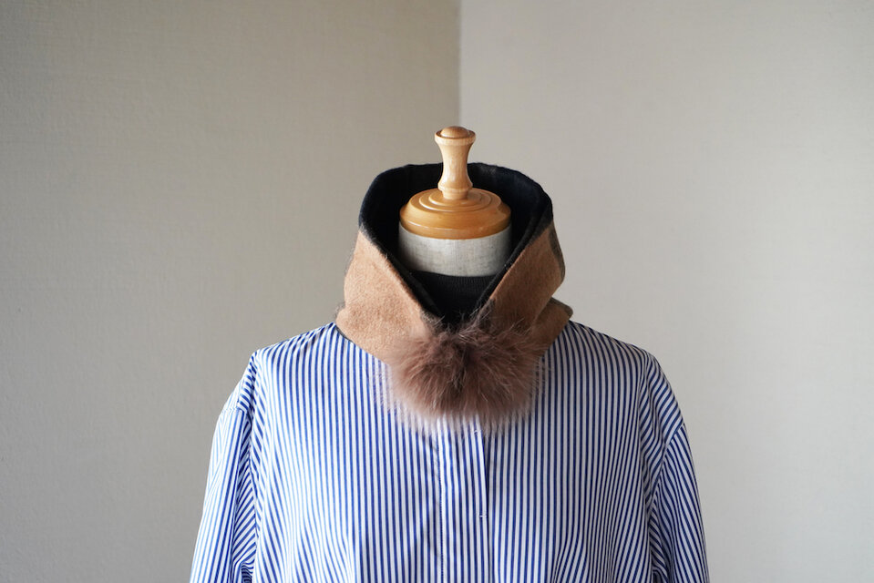 尾州織り100%カシミヤ ファーティペット 大格子 モカ茶/ブラック