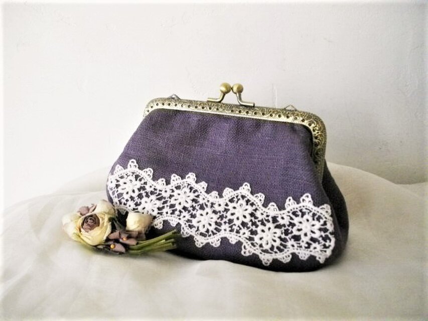 すみれ色リネン&アンティークレースふっくらがま口12