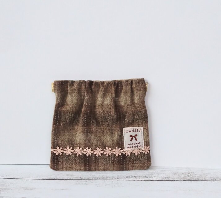 先染めチェック　バネポーチ　　