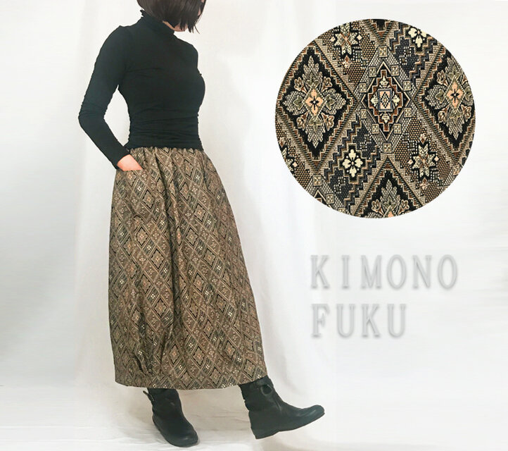 着物リメイク,80cm丈朱子織バルーンロングスカート、幾何学柄