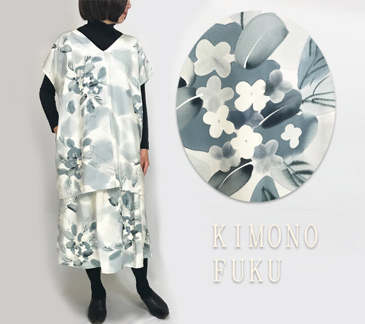 手描きキモノリメイクのチュニックとロングスカートセット、オールシーズン