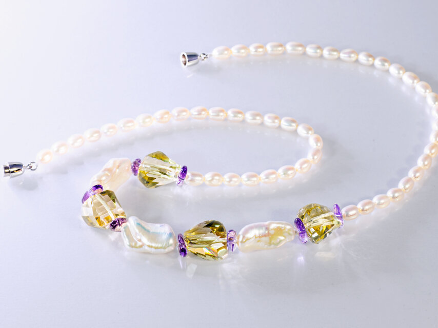 レモンクォーツ ｘ アメトリン ｘ パール のマグネットクラスプネックレス