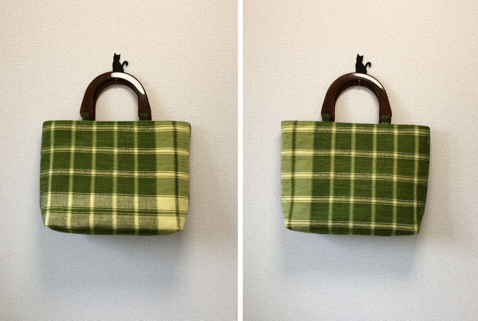 裂き織り　若葉チェックのハンドバッグ（べっこう風ハンドル）