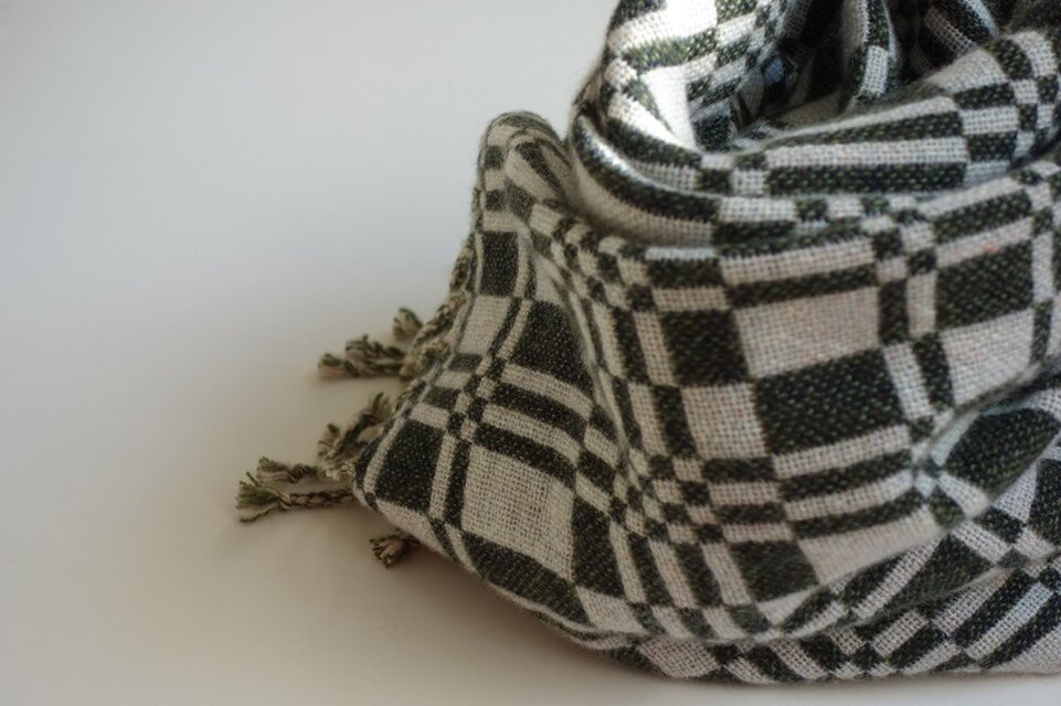 手織りカシミアストール・・深緑×ブルーグレー