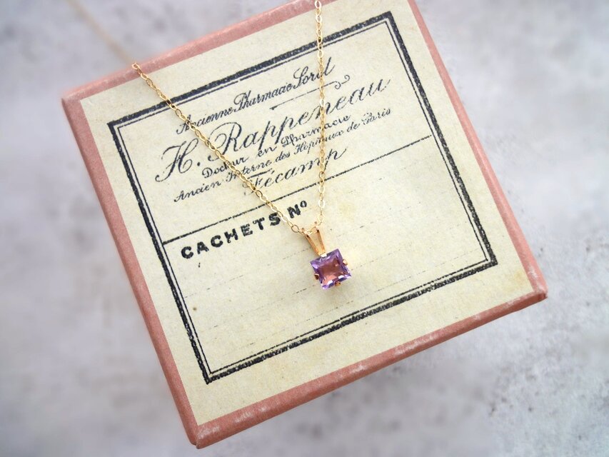 天然石のネックレス ■ 14KGF 立て爪 スクエア 5ｍｍ ■ アメジスト