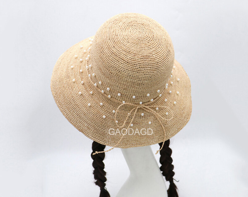 ☆超細目編み ビーズの飾り付け 手作りの麦わら帽子
