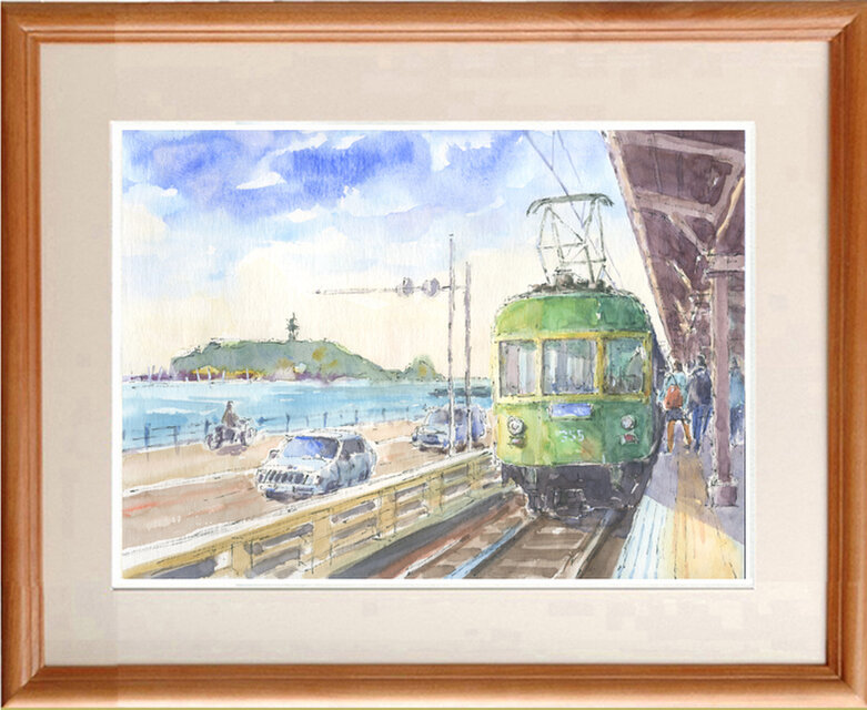 水彩画原画　海辺の駅1・江ノ電 鎌倉高校前駅（＃410）
