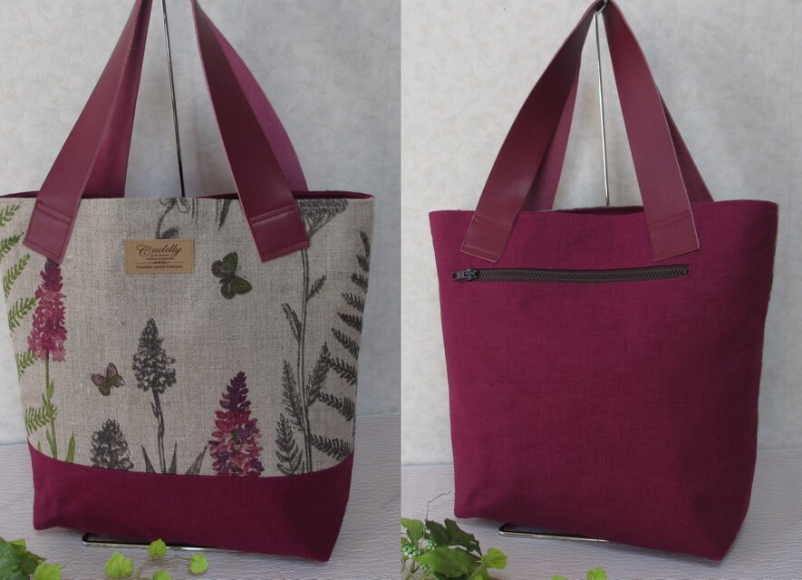 花と蝶とボルドーのトート（インポートファブリック）