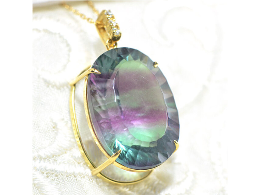 K18　フローライト グリーンブルー×ダイヤモンド　ぺンダントトップ　K18イエローゴールド　YK-AQ079CI