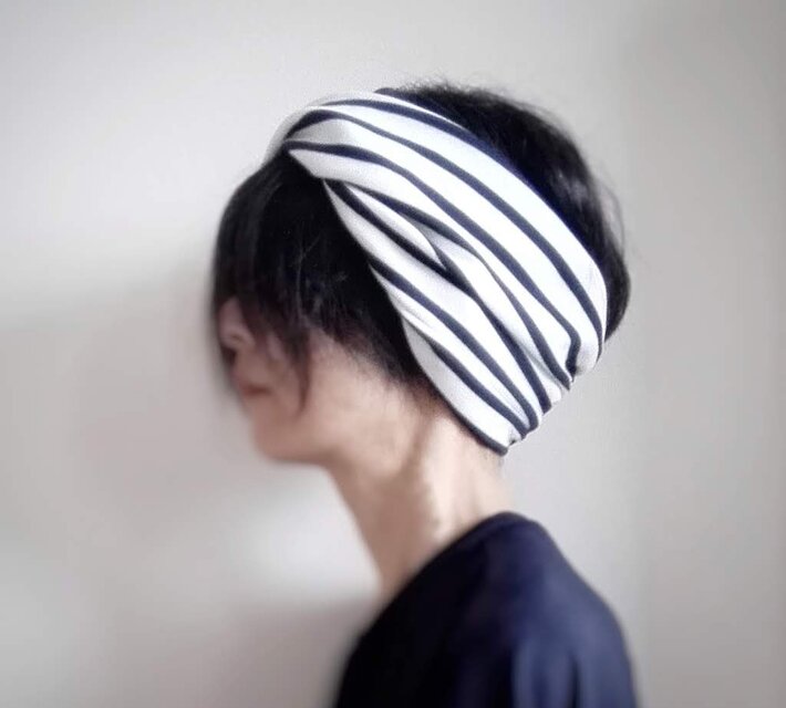 ターバンなヘアバンド　ボーダーネイビー 　送料無料