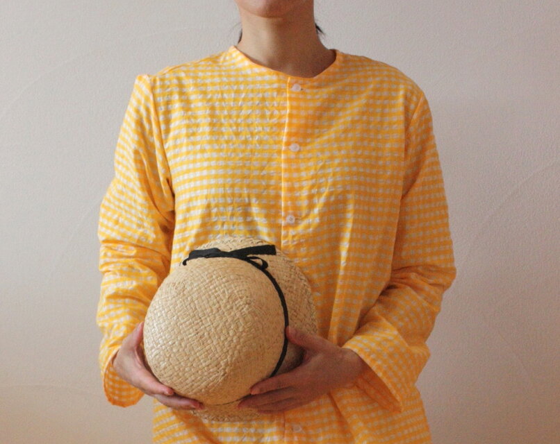 ビタミンカラー　ノーカラーシャツワンピース　イエロー