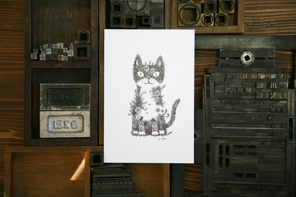 【2枚セット】酒井ひさお「溢れる森で」活版印刷のポストカード・グリーティングカード/猫・ネコ