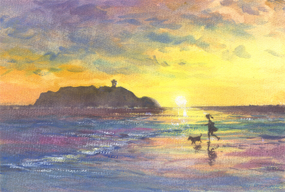 水彩画原画 湘南の夕日・江の島 #652」 by syoumei｜Artmeter