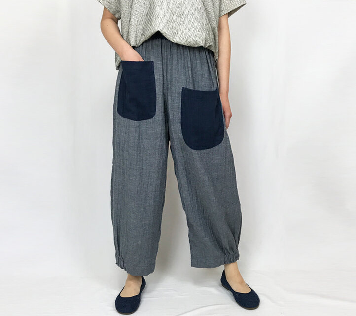 Wガーゼの可愛いリラックスポケットパンツ、ダンガリーブルー