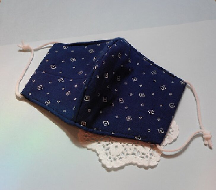 Sold☆4重ガーゼ＆綿☆４層立体マスク☆Fサイズのみ（紺トラッド）コットン＆ダブルガーゼ　小紋夏マスク