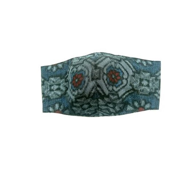 ML24　大島紬マスク（Lサイズ・ブルー系・幾何学風）