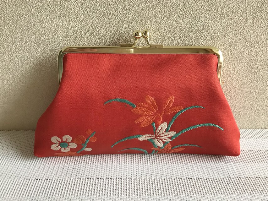 がまぐち・角型 大  赤地に花柄帯地・2★