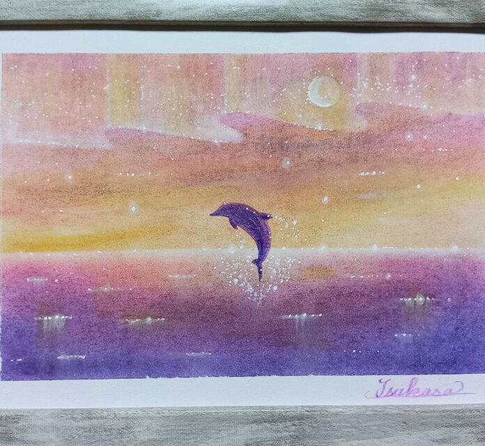 海とイルカのパステルアート Under the Aurora オーロラの下で
