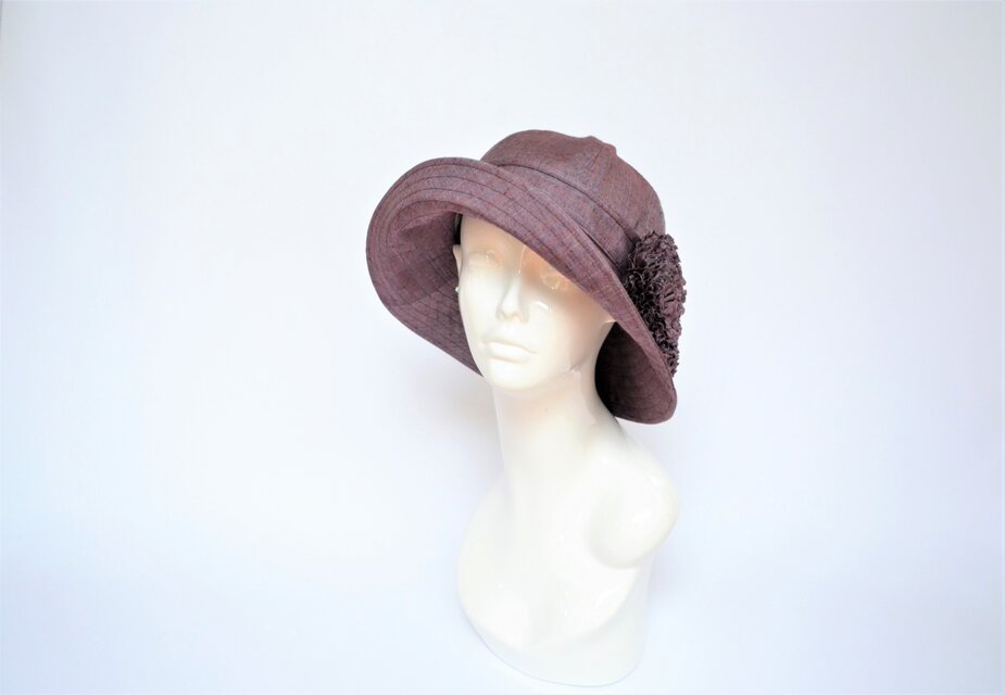 ●着物地ハット：紫の縞の紬・着物リメイク・着物地帽子・２日営業日以内発送・国内送料無料 2004h06