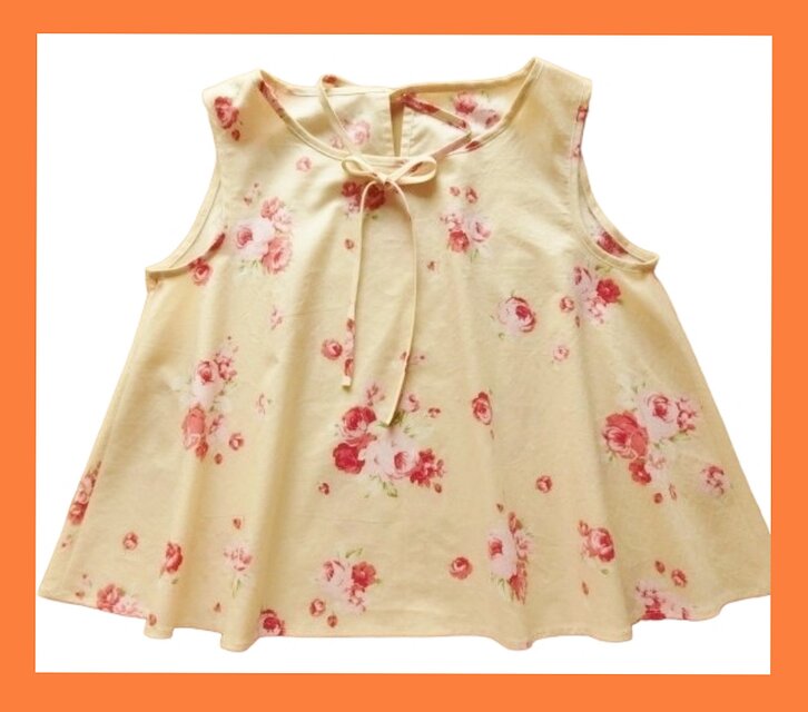 ハンドメイド◆ルシアンフラワーブーケ　チョーカーリボンノースリーブフレアーブラウス　M～L　