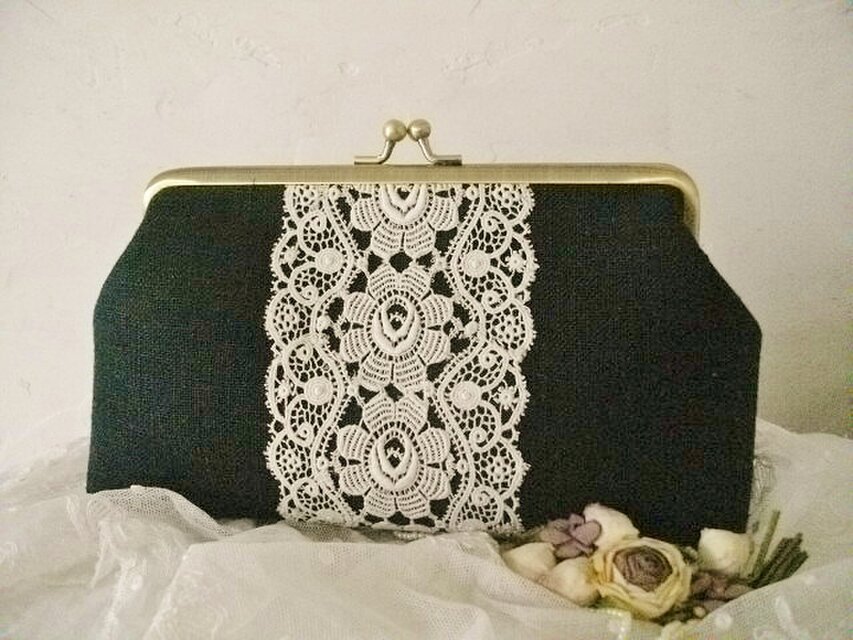 黒リネン&アンティークレースがま口シンプル18#2