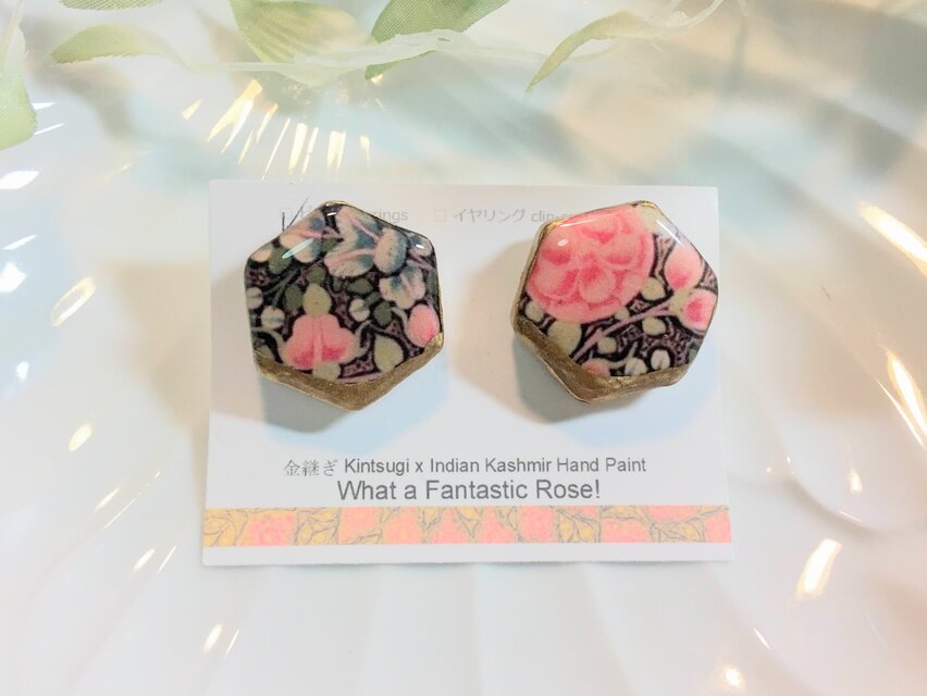 金継ぎ x Kashmir Hand Paint ピアス イヤリング（Gold x Pink Pentagon)