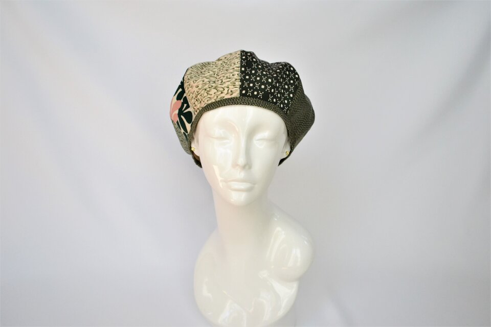 着物地ベレー帽：グリーン・着物リメイク／2営業日以内発送／国内送料無料／2005b06