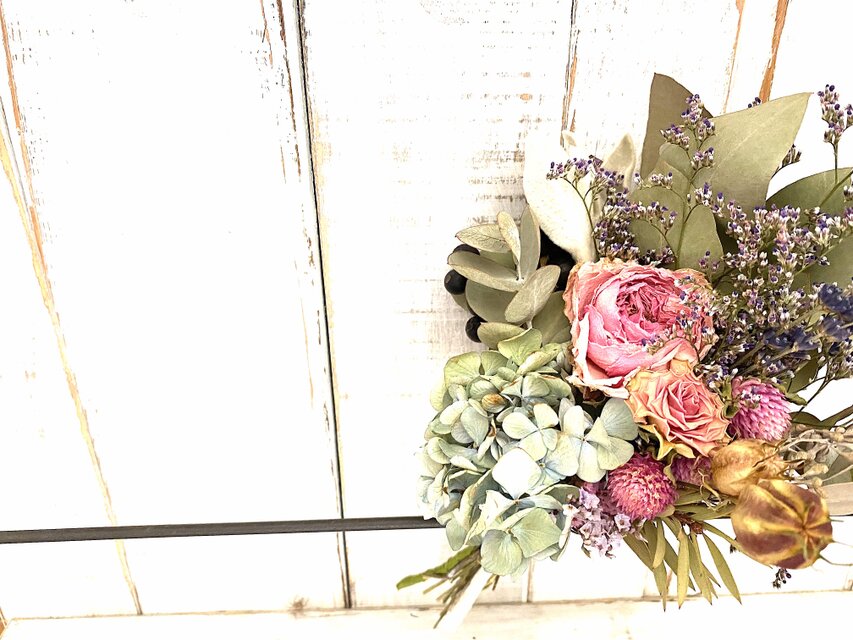 Pink Rose and Ajisai 　　　　　ドライフラワースワッグ