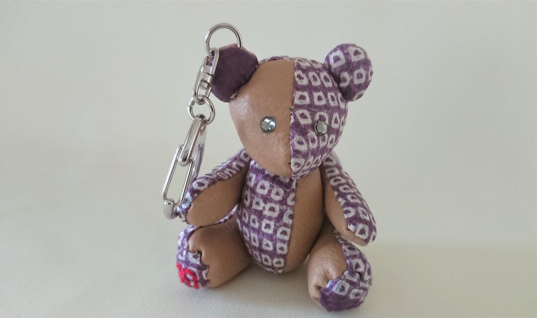 京絞り（絹）レザー（合成皮革）テディベアチャーム　ベイビーNo.1