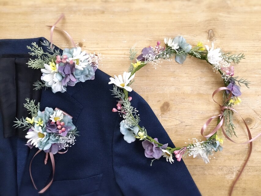 デージーのナチュラルガーデン花冠＆リストブーケ＆ブートニア3点セット