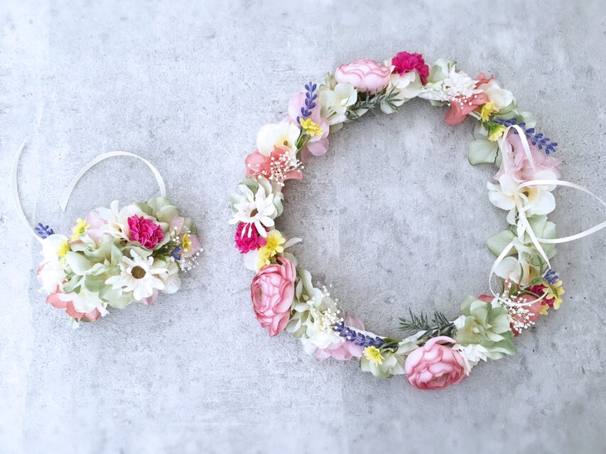 春の花畑のような花冠&リストブーケ2点セット