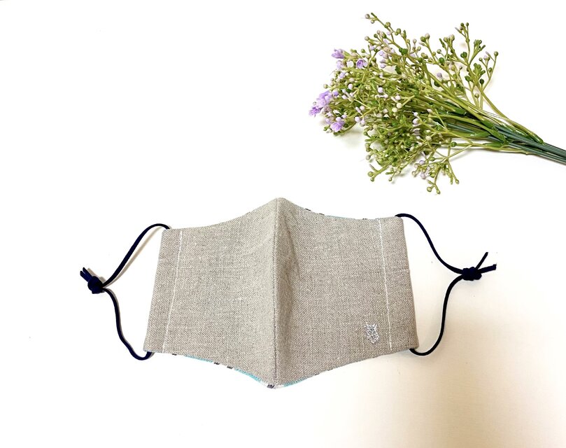 麻とインド綿のナチュラルマスク（ゴム色ネイビー）