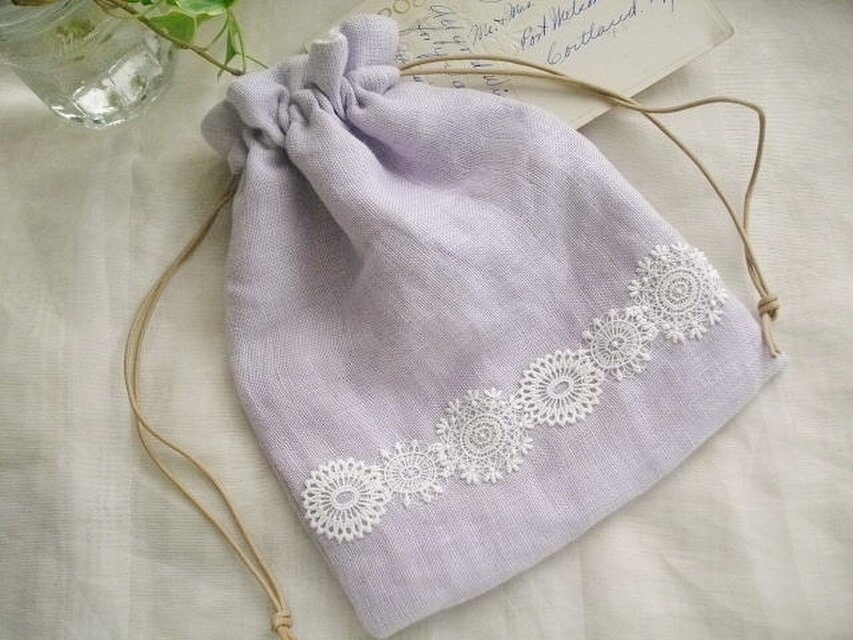 ダブルガーゼリネン＊巾着ポーチ＊モチーフレース