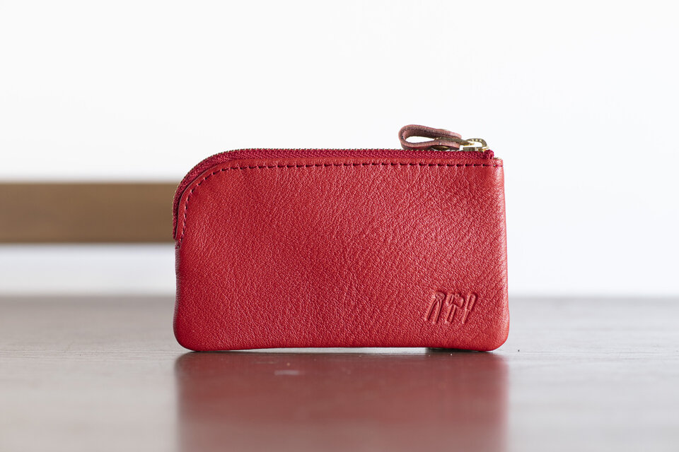L字ファスナーポーチ　コインケース　小物入れ　姫路産シュリンクレザー　レッド　apo-12ns