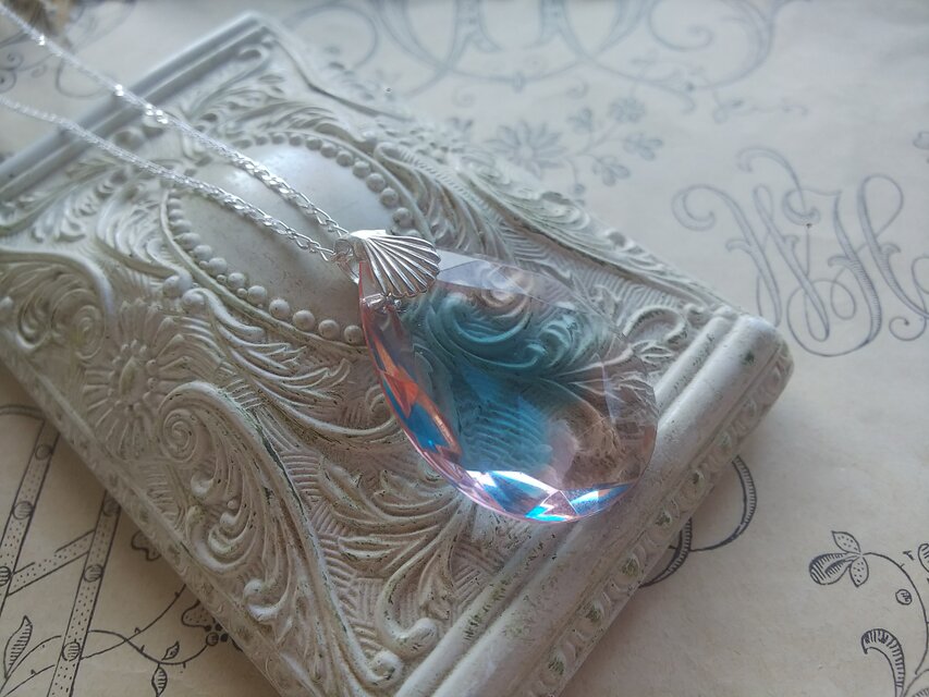 ヴィンテージ　Silver925 ロザリン/アクアBlue（38×26㎜）しずくネックレス