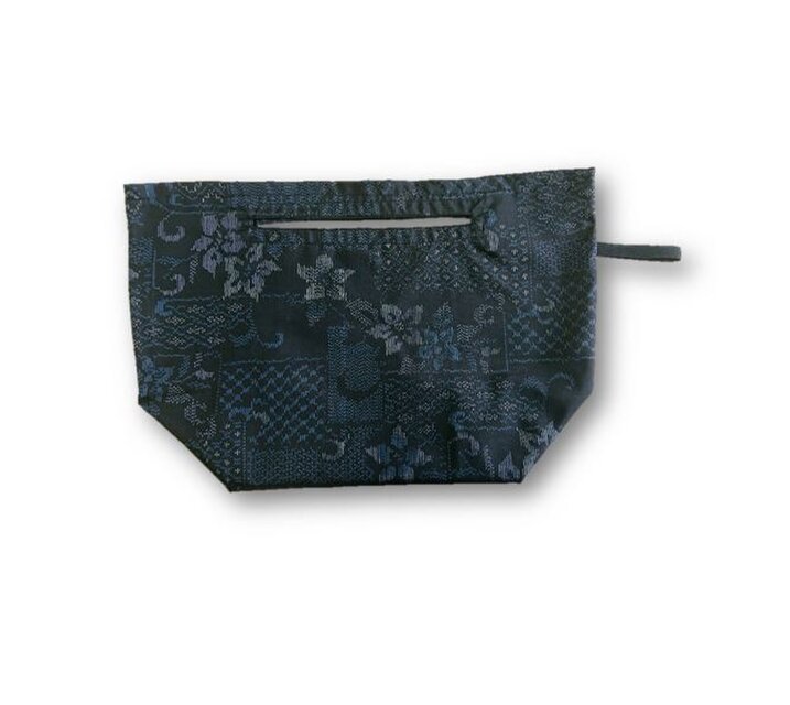 45＊大島紬リメイクお弁当エコバッグ(黒・花柄）