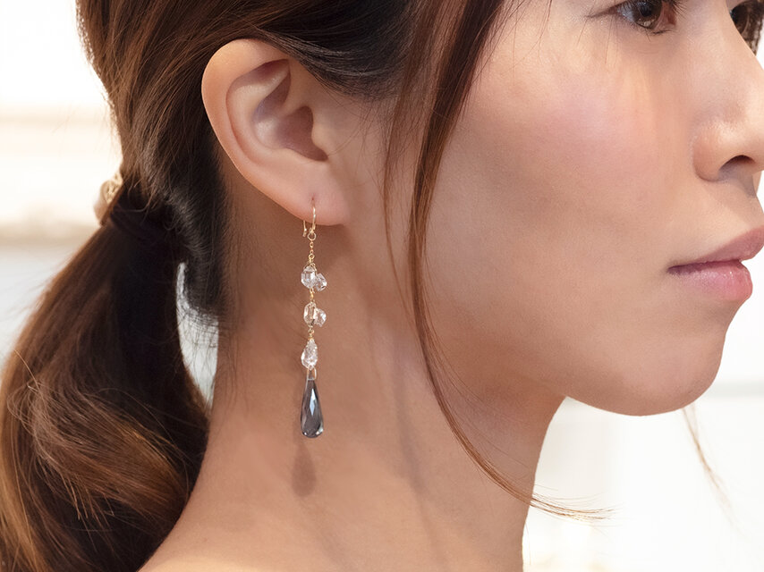 ティルグリーン クォーツ × ハーキマーダイヤモンド　ロングピアス　18金YG