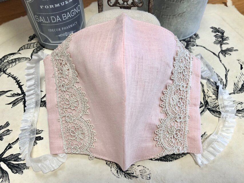 New 新しいレース　シルバーレースと極薄麻のおしゃれマスク　手作りマスク　マスク