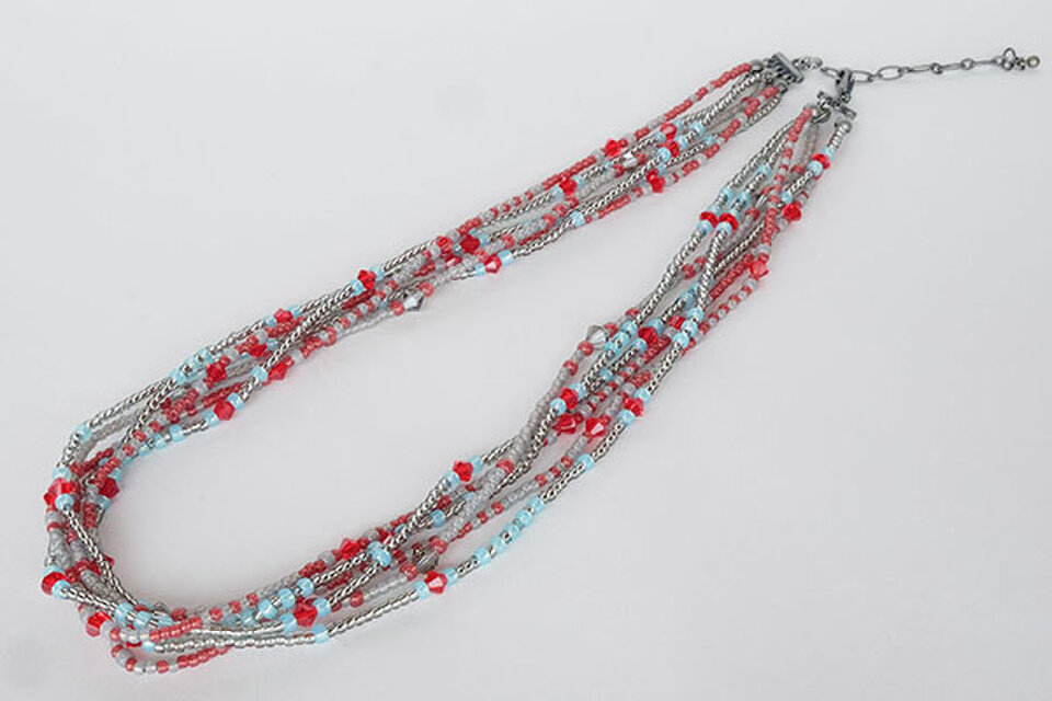 紅女　joncher　ビーズ・スワロフスキー６連ネックレス　レッドシルバーターコイズ
