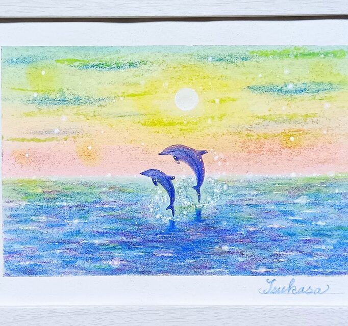 海とイルカのパステルアート 夜明け前に パステル画原画 | iichi 日々