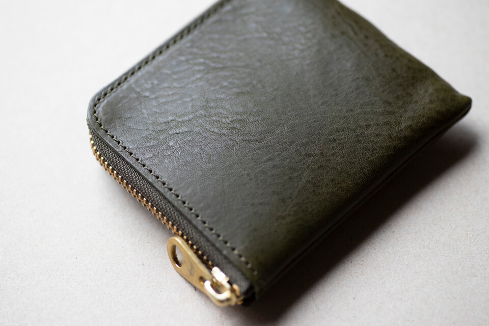 多機能スマートウォレット　L字ファスナー財布　ミニ財布　牛革　ミネルバボックス　グリーン　aw-27mb