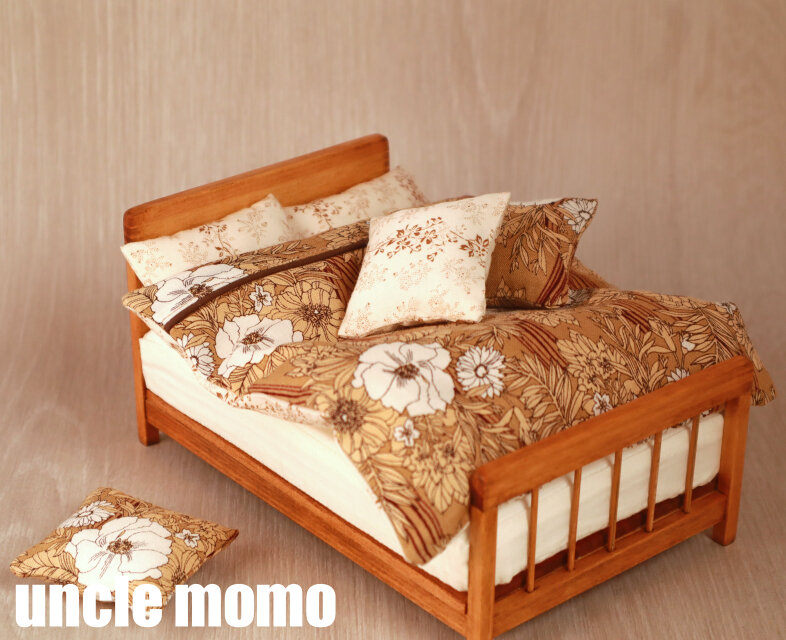 ドールベッド ドール用ベッド ダブル（色：チェスナット） 1/12ミニチュア家具