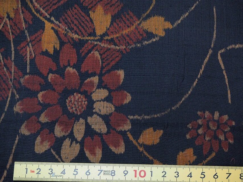 mi0046 銘仙・秋草紋様ハギレ・120cm☆古布・古裂/絞り/錦紗縮緬