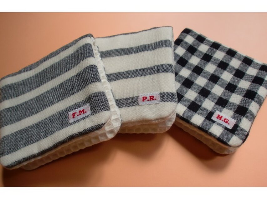 PURE*ミニハンカチ*Wガーゼ ブラック系３枚セット ボーダー&チェック 仏アンティークイニシャル