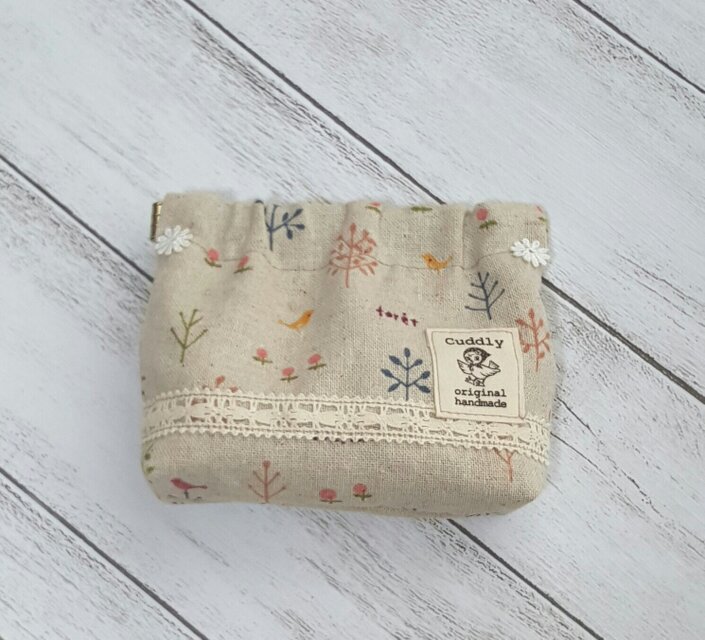 ナチュラル雑貨　リネンのバネ口ポーチ　　ヒヨコ　