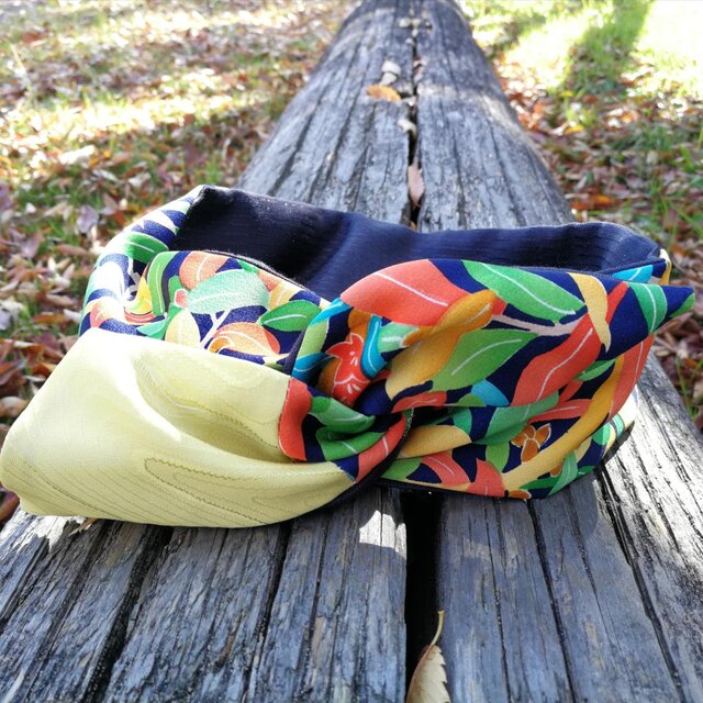 ヴィンテージきもの　ヘッドドレス　リーフ柄　ワイヤー入り ☆　リボン風