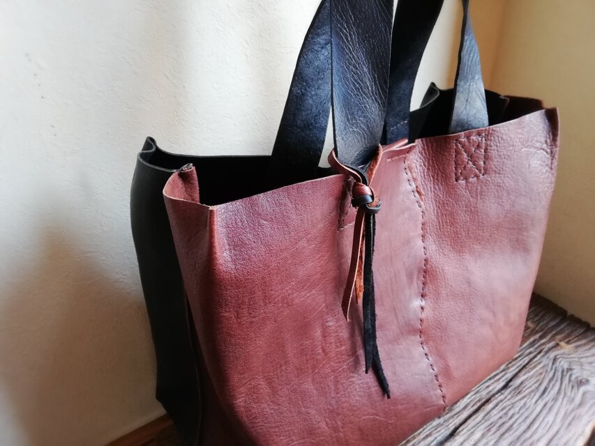 ざっくりtote　Ｌ　ブラウン✗ブラック　オイルシュリンクレザー