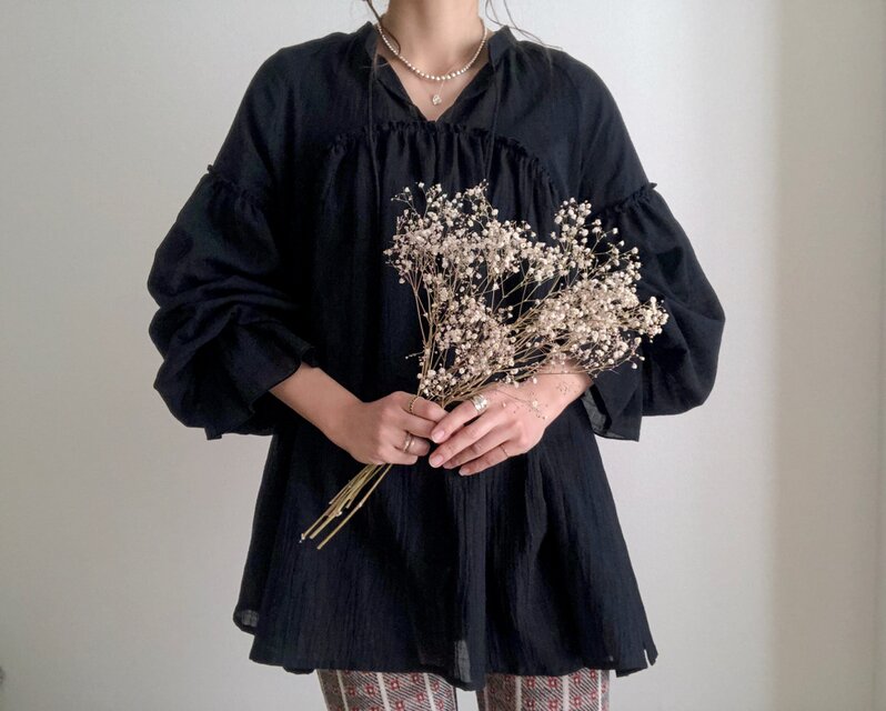 ラグラン仕様　コットンリネンフェミニンチュニックブラック