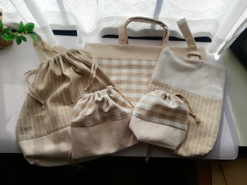 ５点セット　GRN×BK コットンリネン　シンプル　入園　入学セット　入学準備 コットンリネンのナチュラルな入園入学バッグセット ベージュ